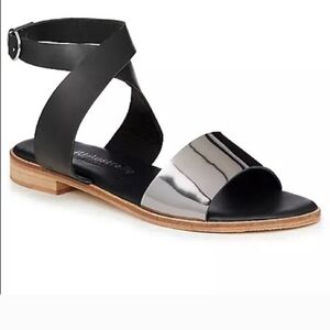 EMU Australia Black Leather Cross Strap Sandals Metallic Toe Minimalist